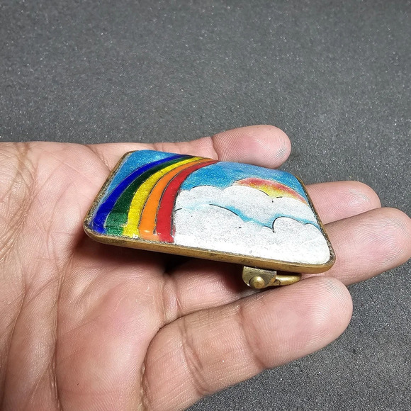 Vintage Brass Squared Hand Painted Rainbow With Clouds Enameled Belt Buckle - Picture 2 of 11